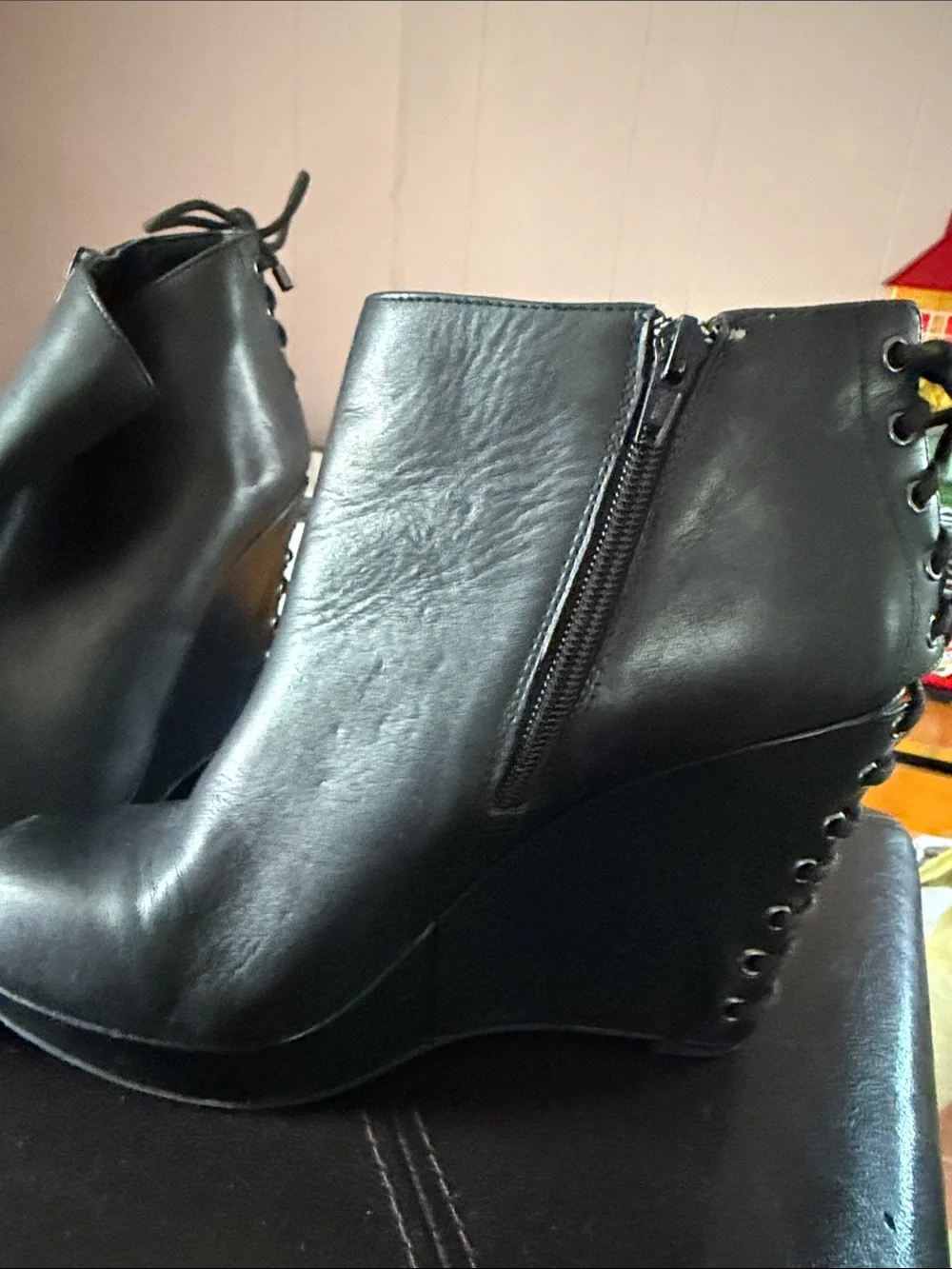 Gianni Bini Black Lace-Up Back Wedge Ankle Boots